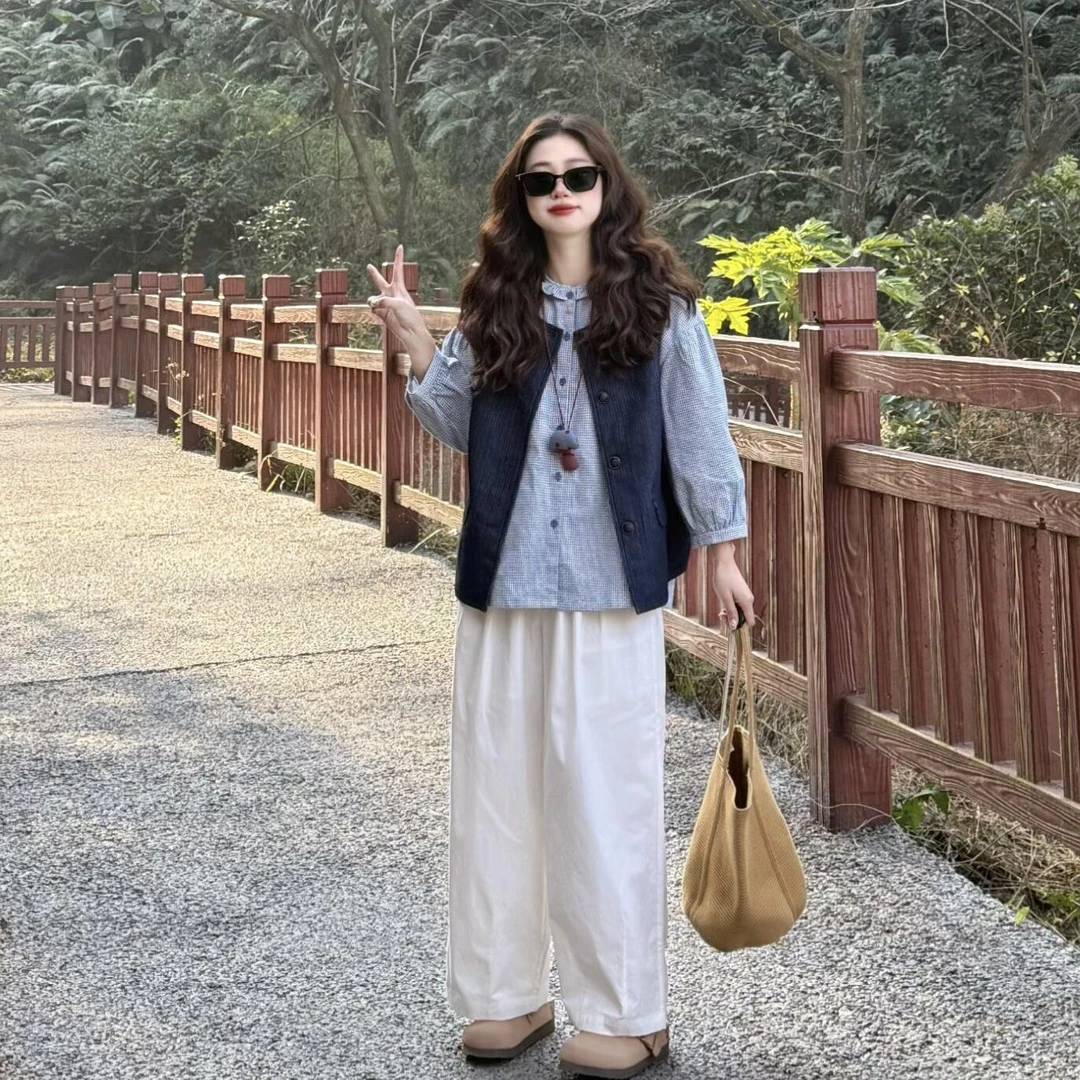 开春穿搭一整套大码胖mm格子衬衫叠穿马甲阔腿裤韩系高级三件套装