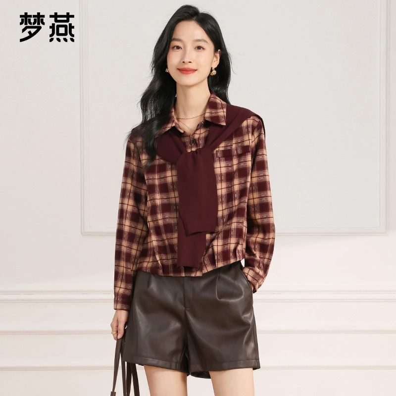 梦燕春秋女款格纹百搭两件套衬衣翻领时尚宽松上衣衬衫AA04B5064