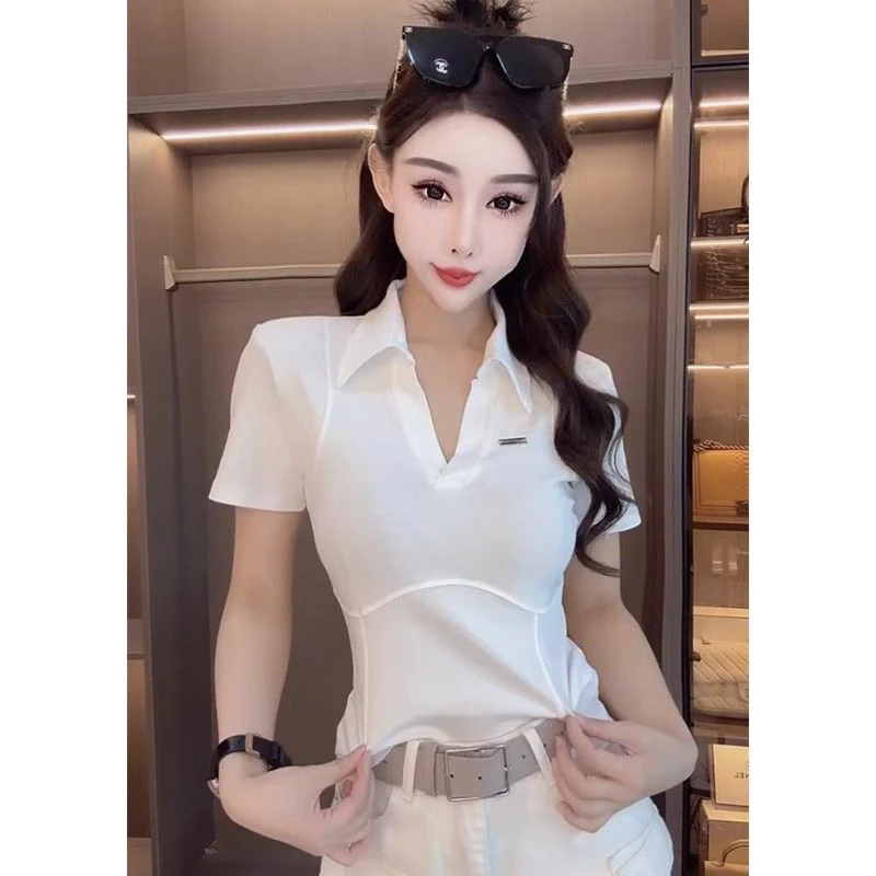 法式时尚高级感休闲polo领纯色修身短袖t恤女2025夏季新款上衣ins
