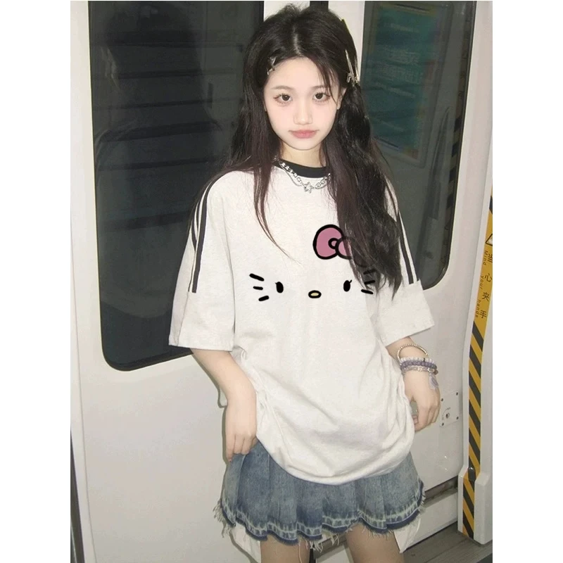 学院风潮牌凯蒂猫三条杠短袖T恤少女2025夏季情侣宽松上衣