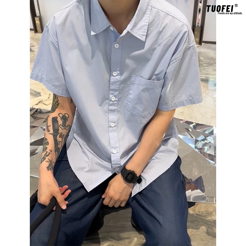 25春夏新款男女情侣衬衫衬衣天蓝色宽松运动休闲polo衫 · 蓝色短