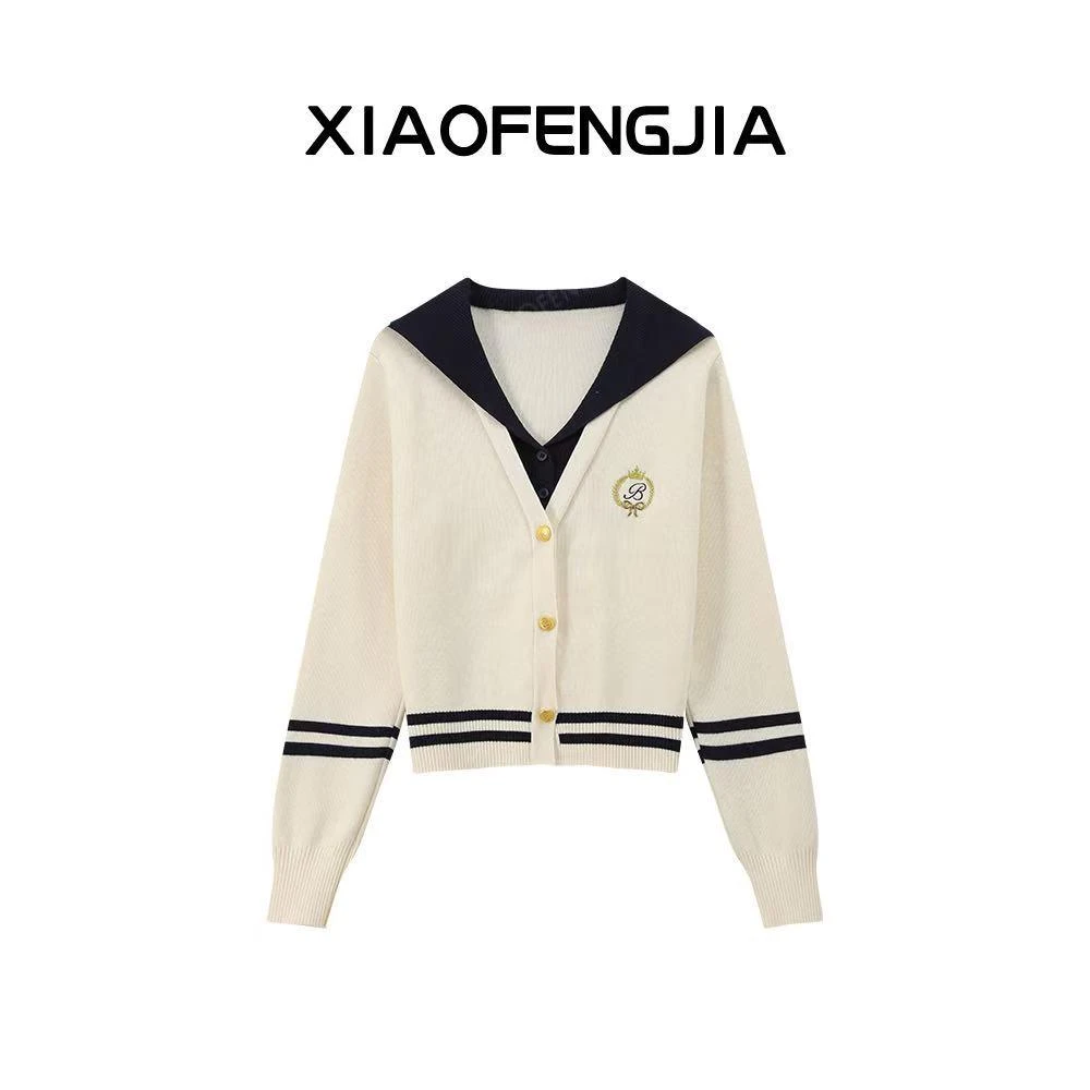 气质显瘦学院风针织开衫上衣女百搭海军领披肩长袖薄款毛衣6001