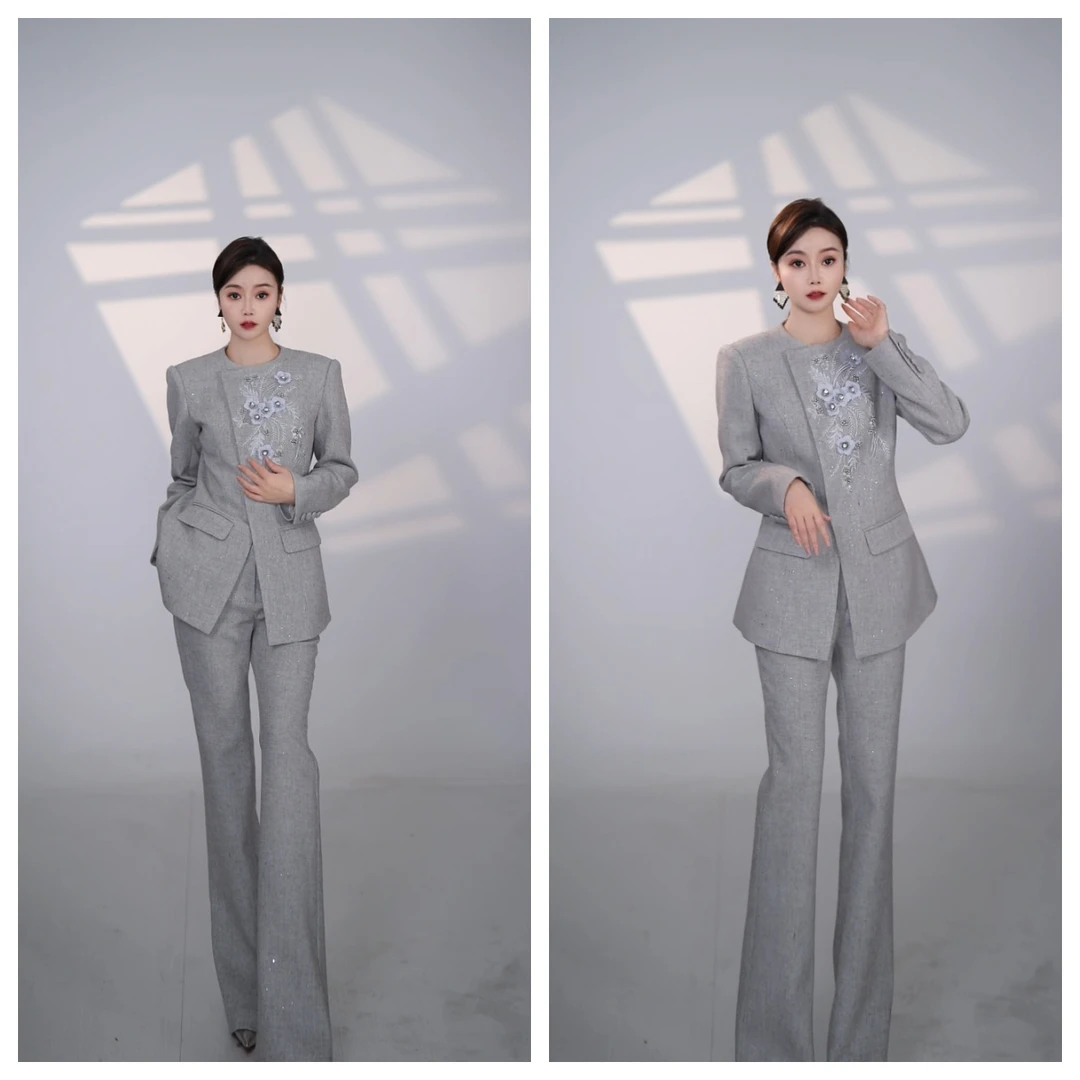 [OU.Mi]冬季厚款时尚套装中国风服装浅灰疏影微喇套装