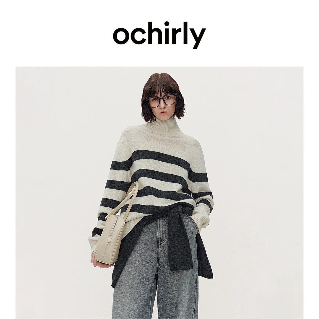 ochirly【可机洗100%羊绒衫】条纹高领毛衣女针织秋冬新品