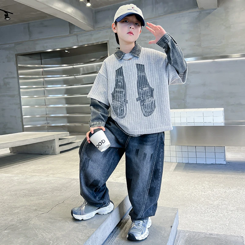 男童秋装牛仔套装2025新款中大童春秋款男孩儿童痞帅马甲三件套潮