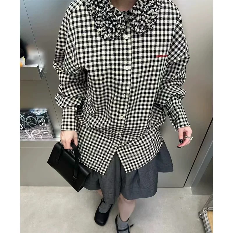 25SS花朵围脖衬衫 tong宽松黑白格立体绣花衬衫