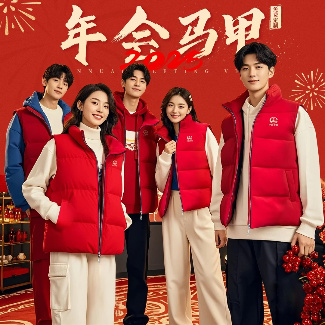 中国红年会舞蹈马甲定制印logo公司元旦晚会喜宴活动集体服装冬女