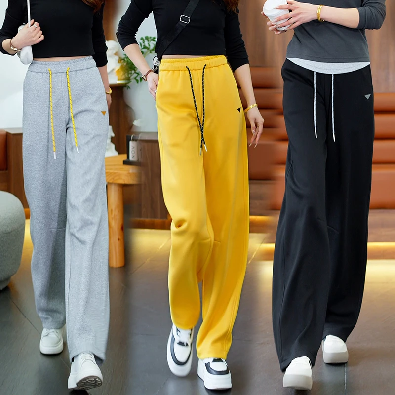 刺绣阔腿裤2025春夏季新款女松紧腰抽绳宽松简约休闲直筒运动裤子