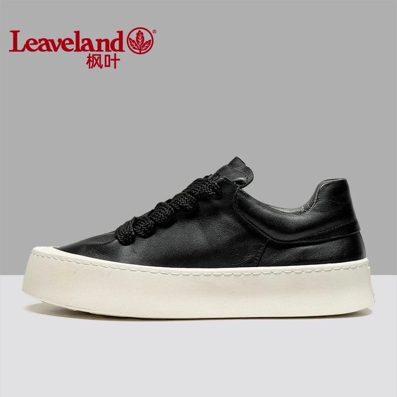 Leaveland/枫叶2024秋冬新款休闲板鞋男真皮厚底鞋子增高加绒棉鞋