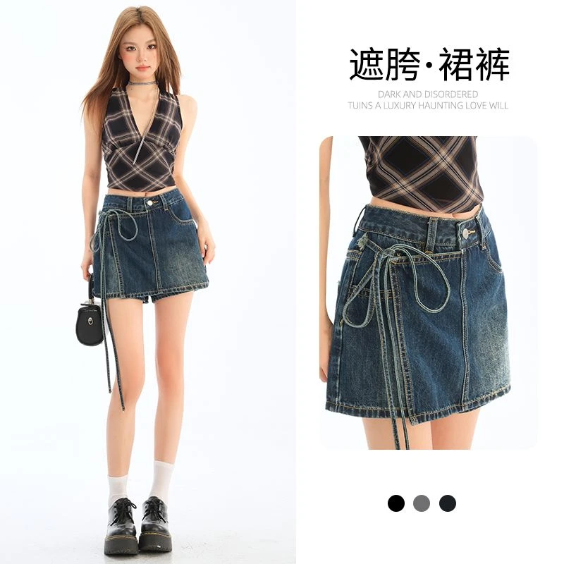 不规则高腰牛仔短裤女2025春夏季新款小个子蝴蝶结绑带半身裙裤子