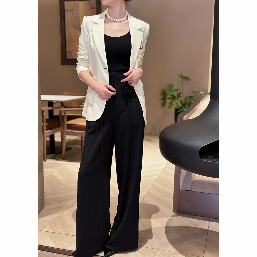 M1599 气质百搭通勤钉珠花朵黑色阔腿休闲裤裤长106款号S53103