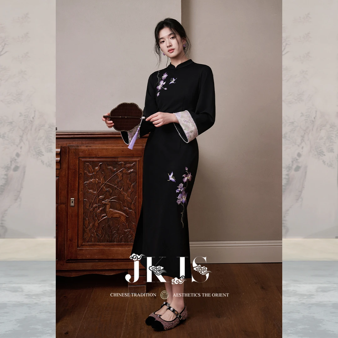 JKJS【墨韵】刺绣连衣裙加厚秋冬新款新中式改良旗袍裙黑色长裙