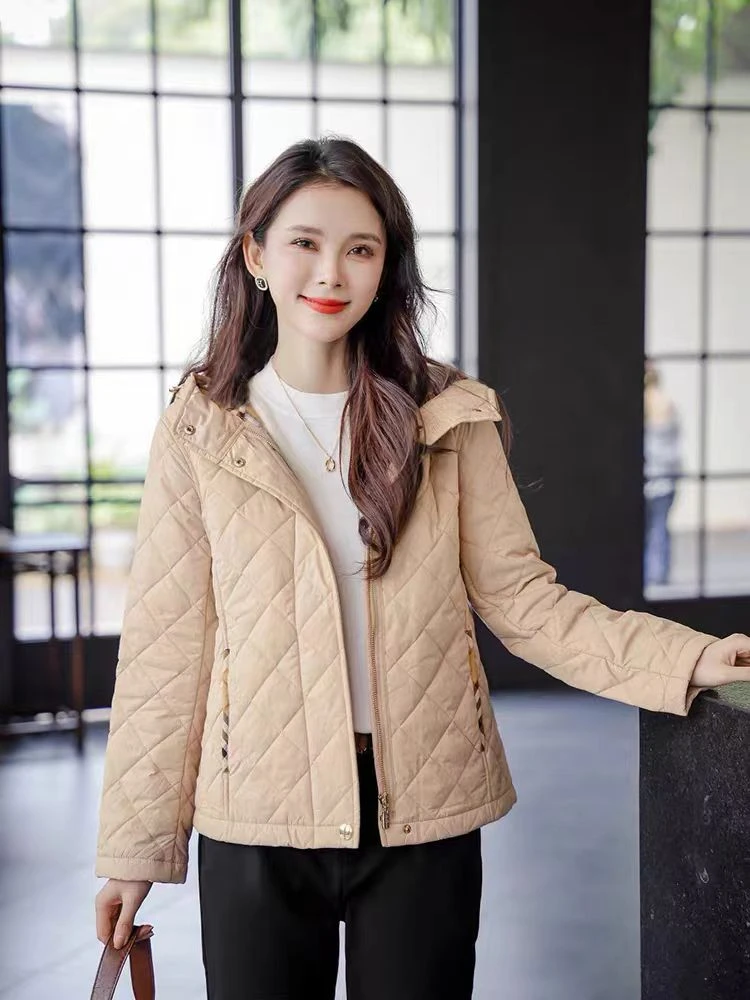 Lu菱形格女士棉服保暖连帽短款宽松型棉衣短款常规