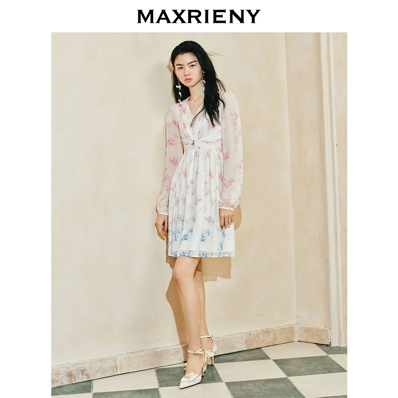 MAXRIENY【东方玉兰-商场同款新品】仙美氛围感渐变晕染玉兰连衣裙