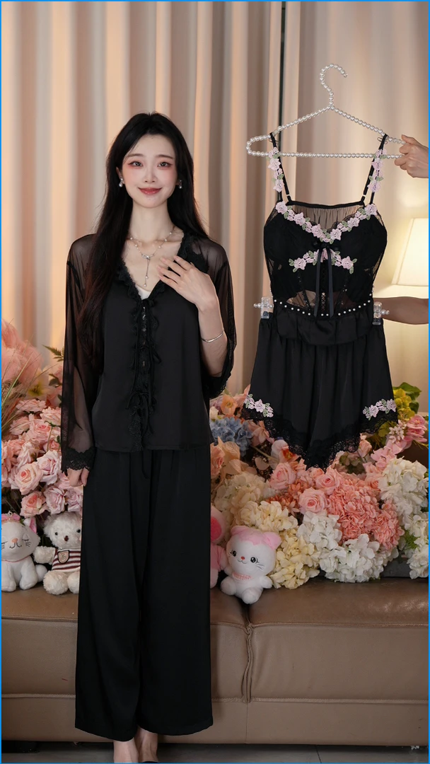 【暗香花影】女士睡衣吊带纯欲性感仙女风显瘦蕾丝刺绣家居服套装