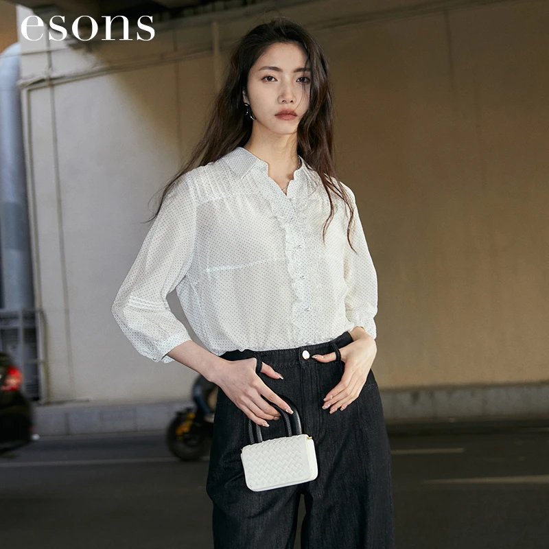 esons/爱城市春秋甜美轻柔丝棉通勤波点木耳边中长袖衬衫34217490