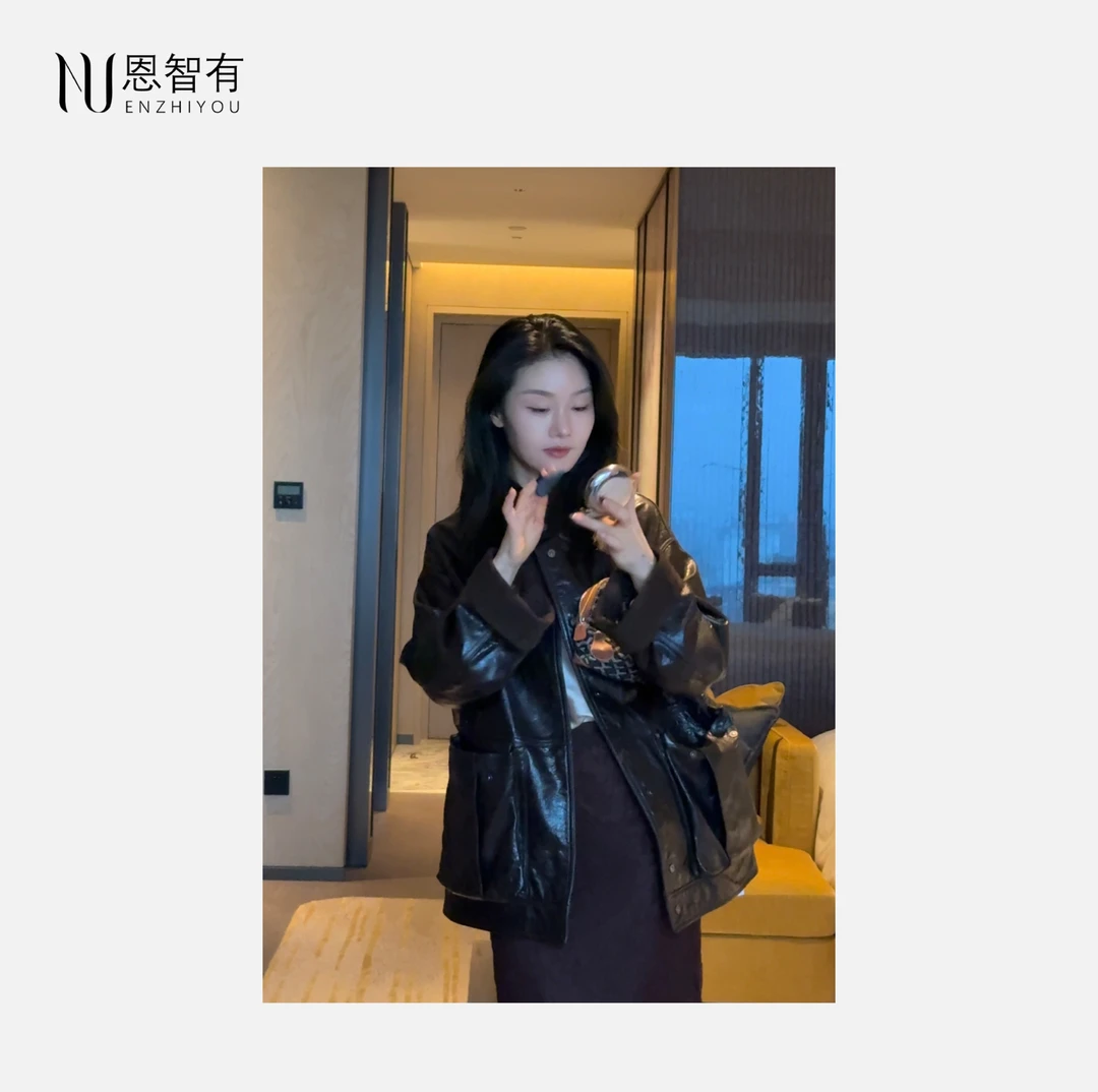 【恩智有皮草】 进口油蜡羊皮棕色皮衣