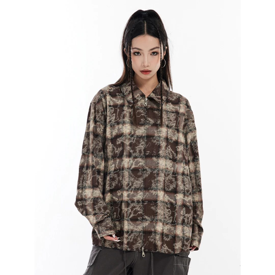 美式复古破坏毛边晕染宽松长袖双拉链格纹衬衫cleanfit