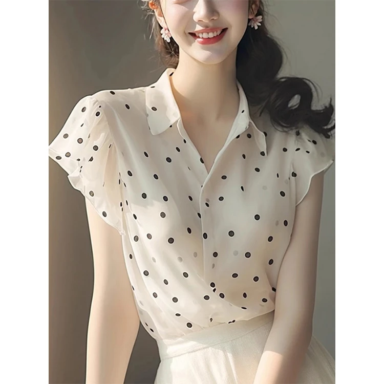 时尚别致优雅波点翻领短袖衬衫女夏季超好看百搭小众白色洋气上衣