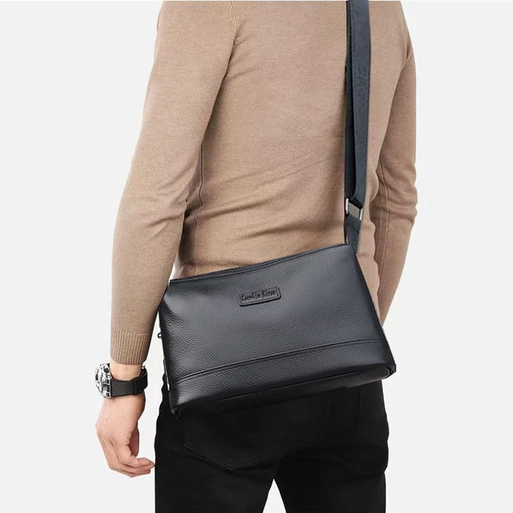 男士牛皮三层拉链包方形拉链男士单肩包肩包黑色潮流质感韩版