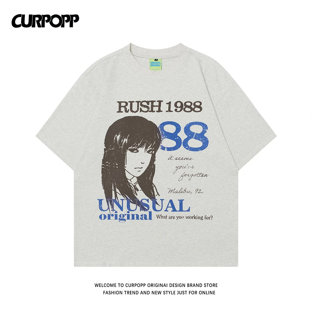 CURPOPP2025日系漫画人物印花短袖美式复古vintage纯棉宽松复古T
