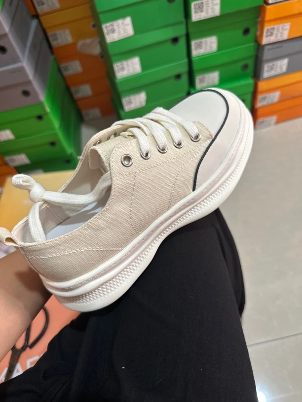 P271 新款厚底帆布小白鞋女百搭透气牛皮拼接松糕底舒适时尚款