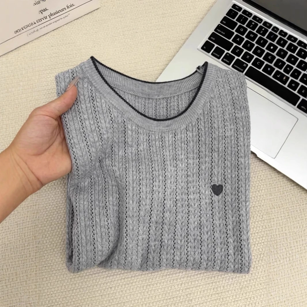 学院风镂空针织衫短袖女夏季ins爱心刺绣撞色圆领打底上衣内搭T恤