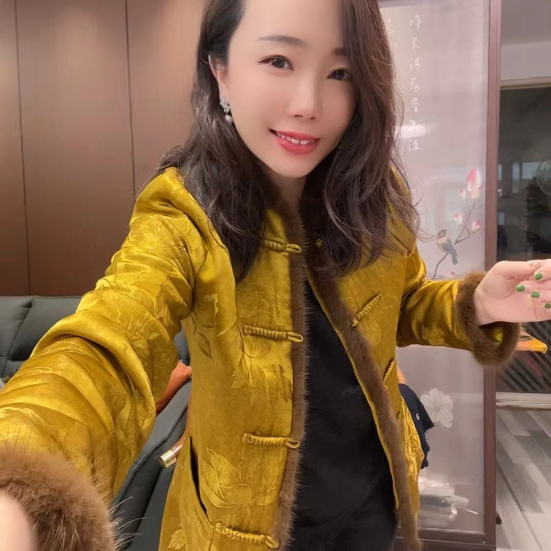 荷塘月色复古中式中长版貂毛棉服