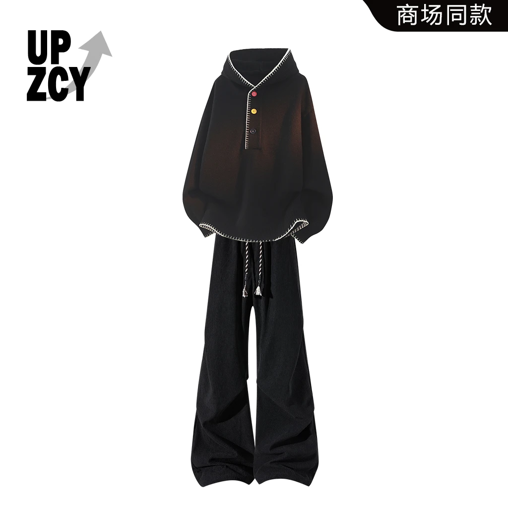 UPZCY美式休闲简约风潮流ins毛衣套装男款冬季宽松潮流阔腿长裤男