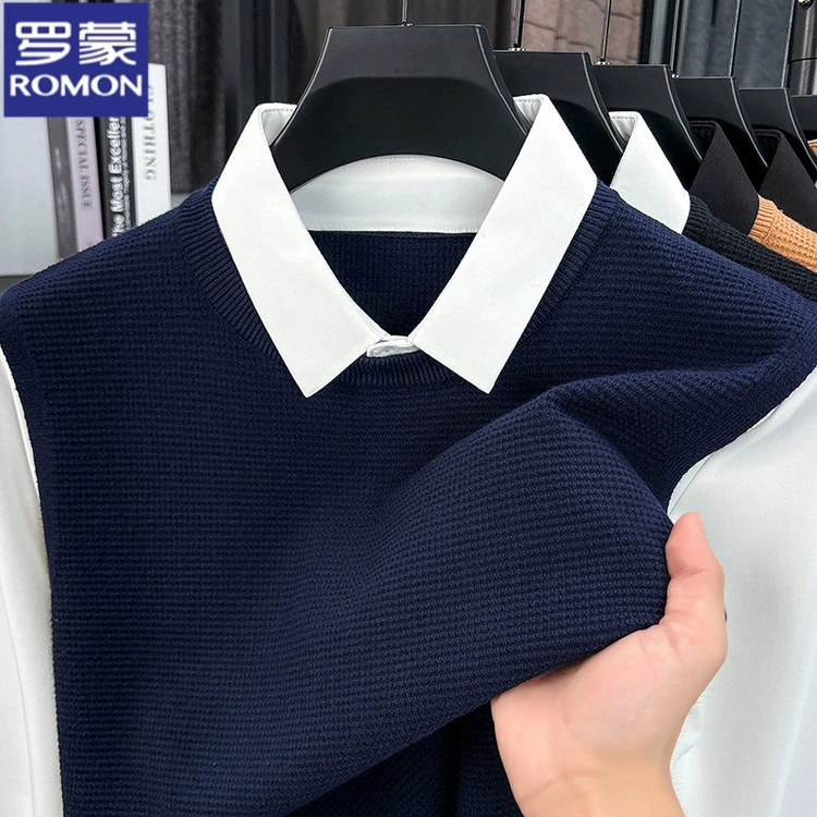 罗蒙秋季新款商务休闲撞色针织衫假两件男士翻领潮流打底毛衣男装
