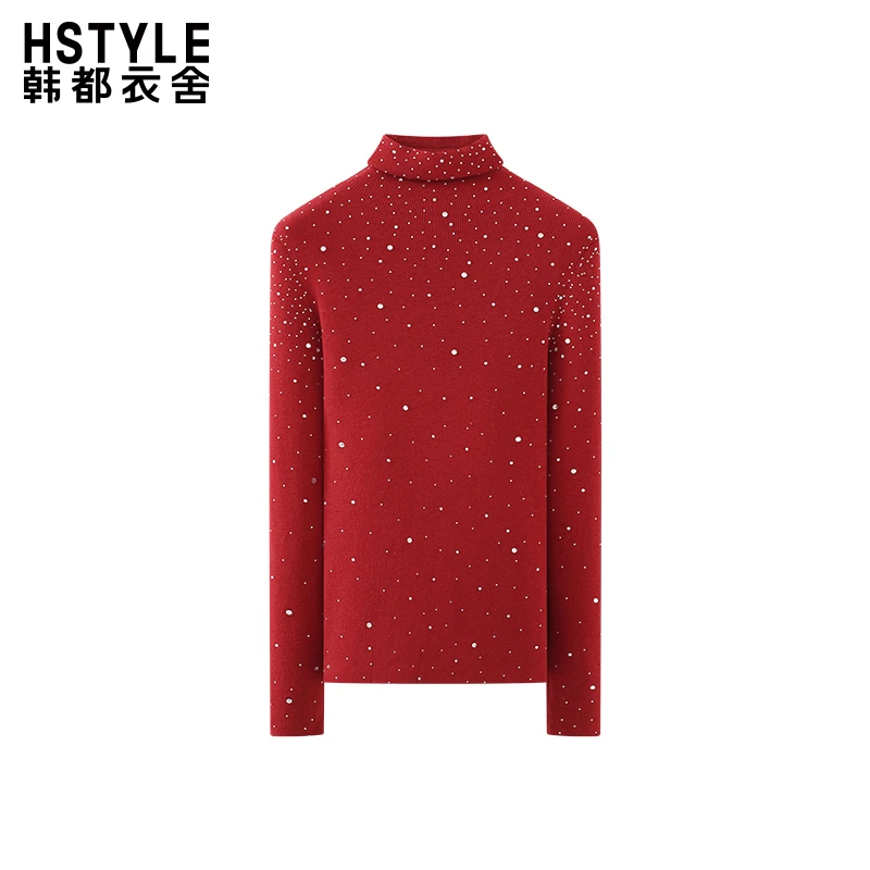 韩都衣舍堆堆领烫钻长袖针织衫女修身设计感气质小众上衣春季新款