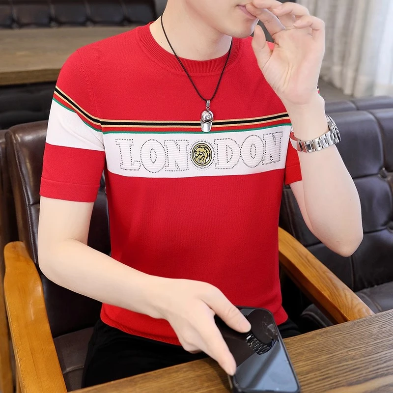 高端潮流男士夏季休闲短袖T恤男圆领烫钻薄款条纹针织上衣服透气