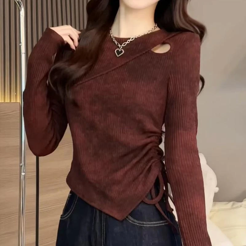 大码胖mm秋季韩版圆领镂空设计扎染T恤收腰抽绳显瘦长袖针织上衣