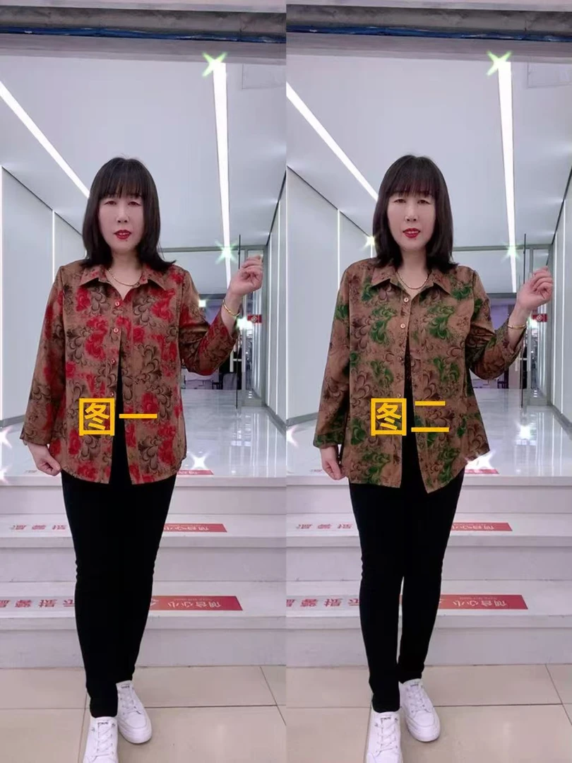 春夏薄款印花衬衫妈妈装翻领九分袖宽松上衣