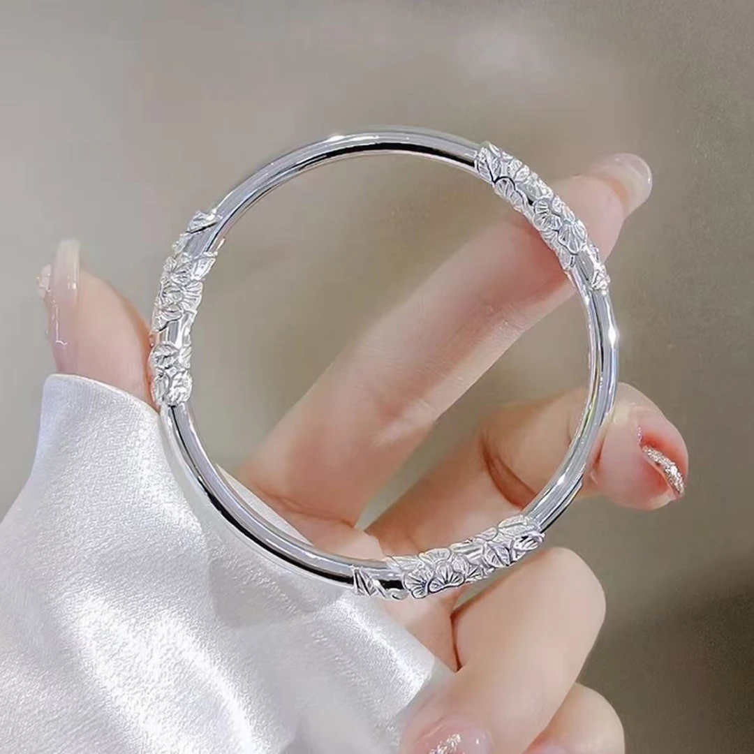 足银手镯 繁花似锦闭口足银手镯女实心素圈花丝镯子简约大气
