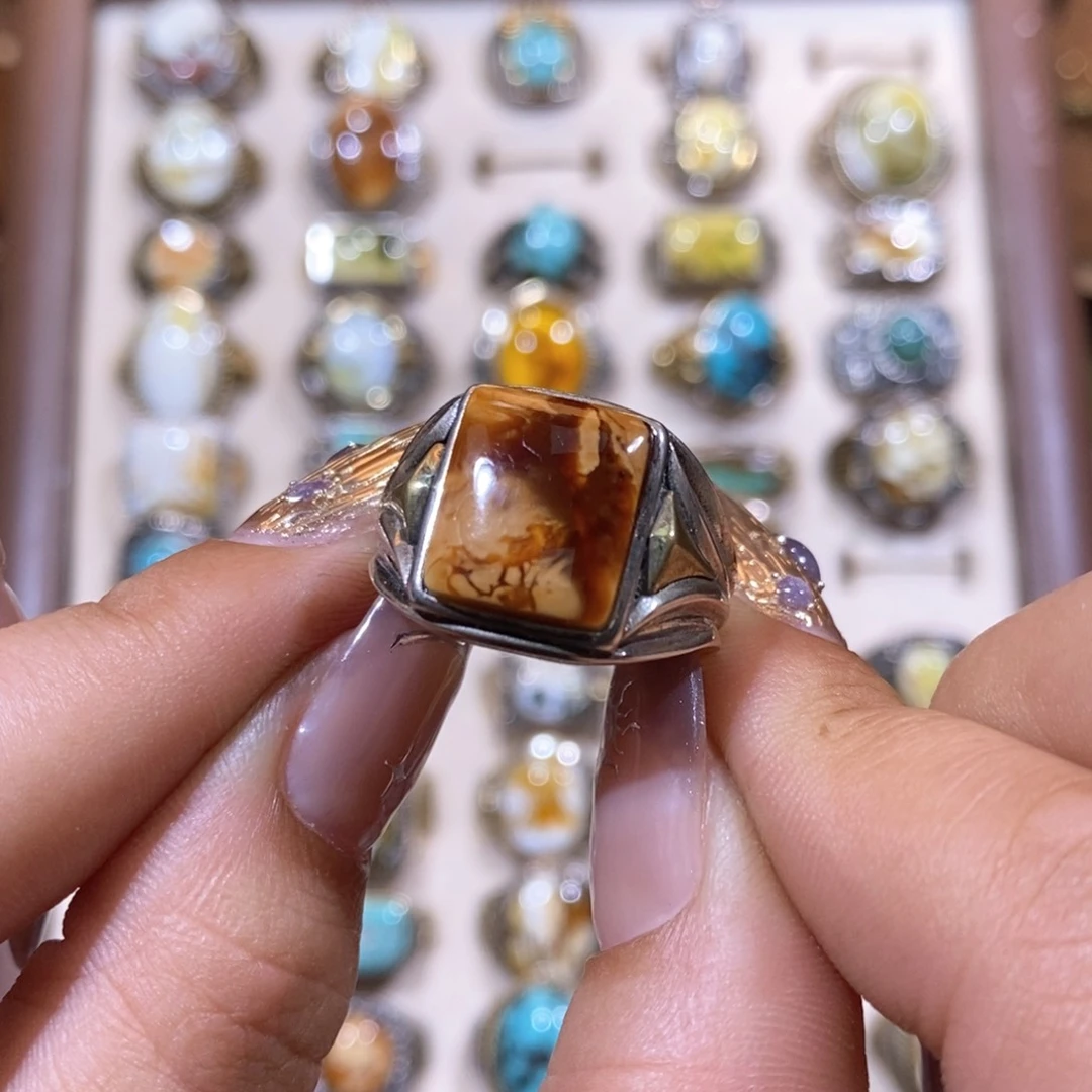 琥珀戒指银S925镶嵌钱****来戒指