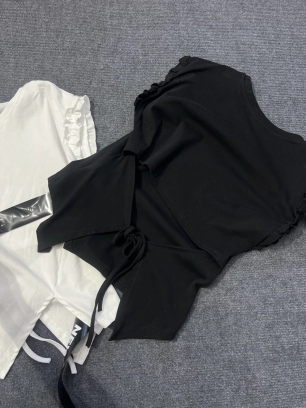 无袖轻职风字母木耳边绑带T恤瑜伽服夏季打底甜辣风