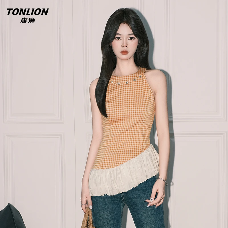 唐狮甜辣黄格纹不规则荷叶边上衣女初夏修身显瘦挂脖无袖露肩上衣