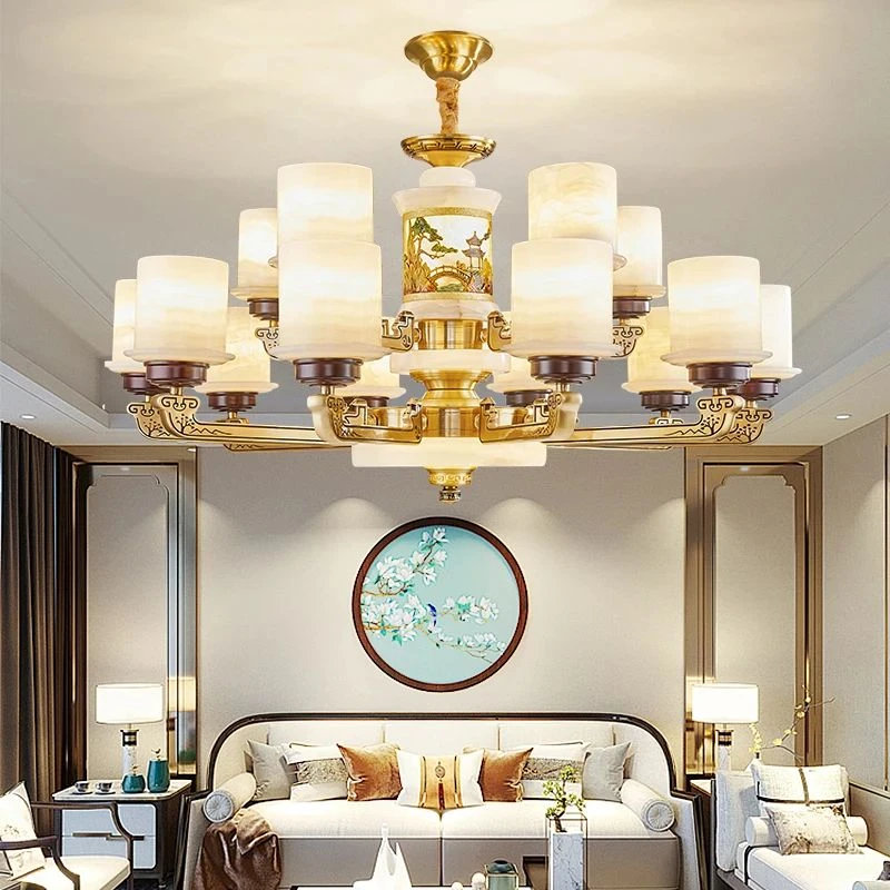 新中式全铜玉石客厅吊灯家用大气别墅大厅灯禅意新中式客厅吊灯