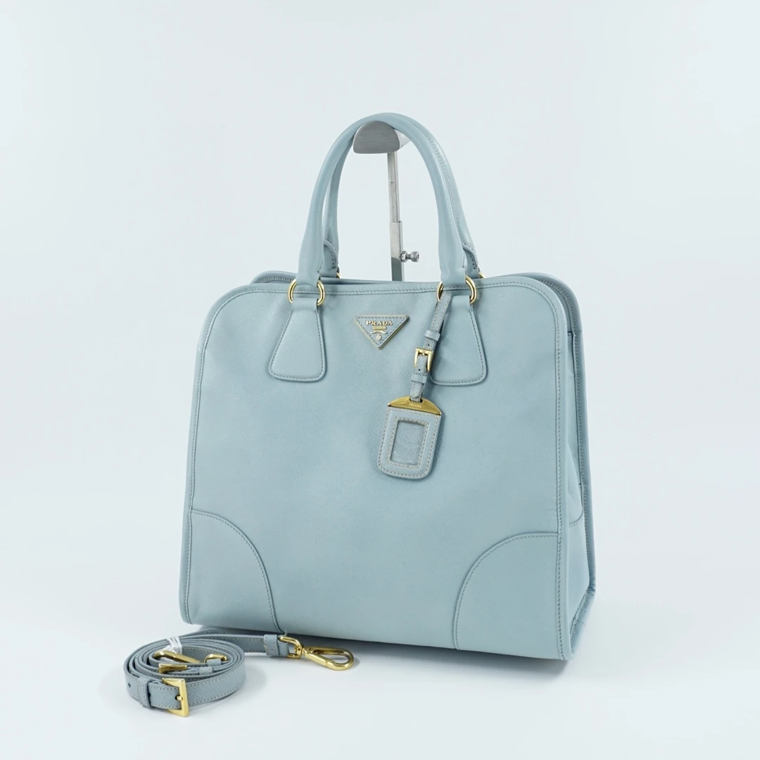 95新 Prada/普拉达 二手淡蓝色十字纹托特手提单肩包K13762