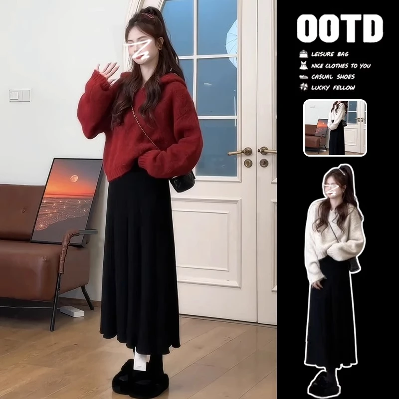 2024年新款深秋季初冬温柔系穿搭一整套高级感毛衣套装连衣裙子女