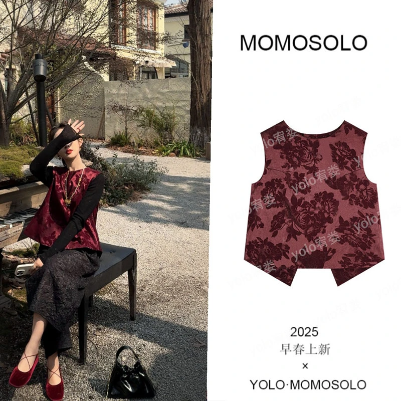 MOMOSOLO•蔷薇•重工蔷薇玫瑰丝绒通勤外穿提花中古马甲背心YM1213