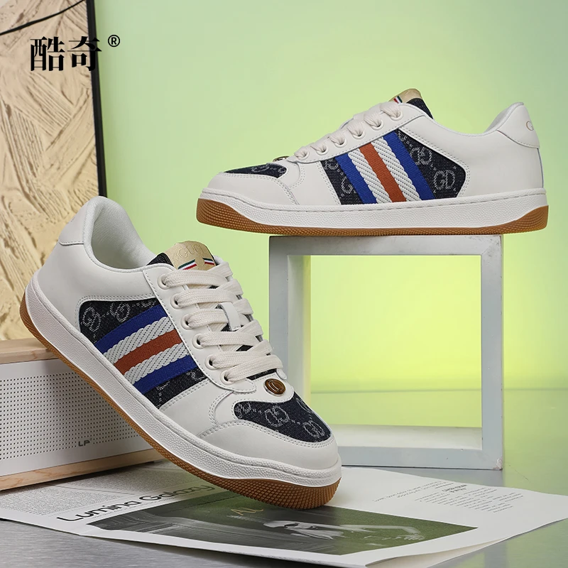 酷奇正品真皮牛皮脏脏鞋脏鞋白蓝轻奢时尚男女同款休闲鞋