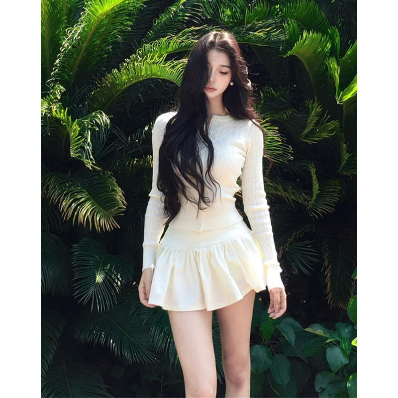YM8988春季穿搭一整套韩系氛围感针织衫上衣半身裙两件套装超好看