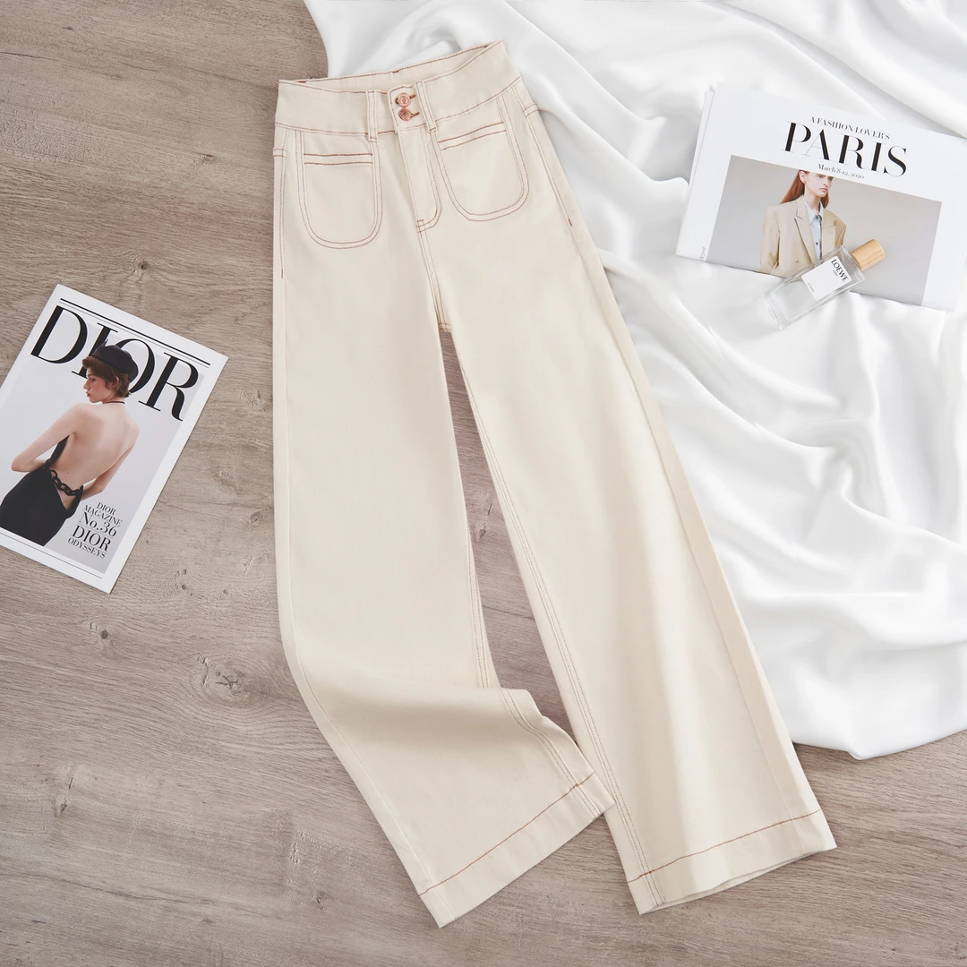 E春夏春秋显瘦高腰夏季直筒裤女微喇宽松九分白色休闲牛仔裤女