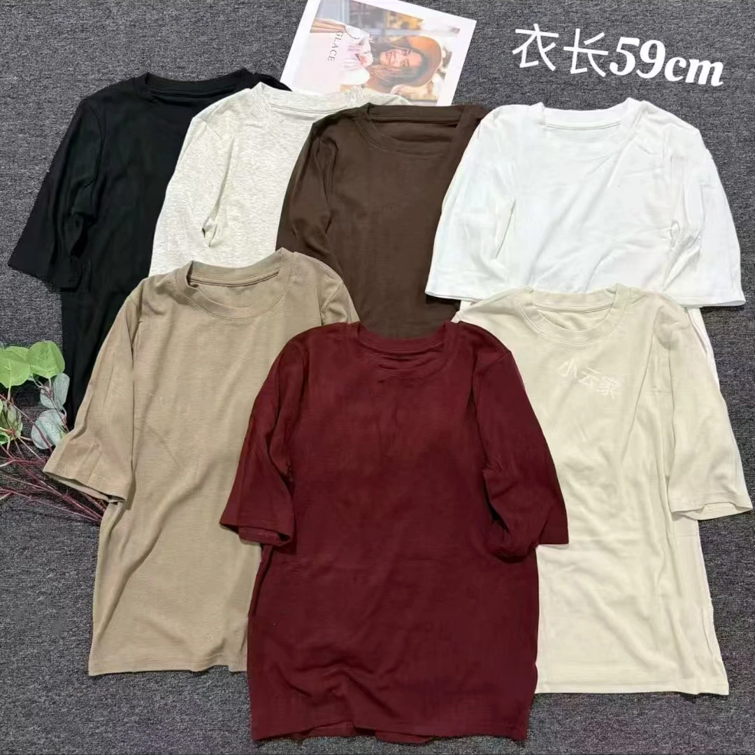 欧货圆领五分袖常规款螺纹T恤休闲风显瘦净版