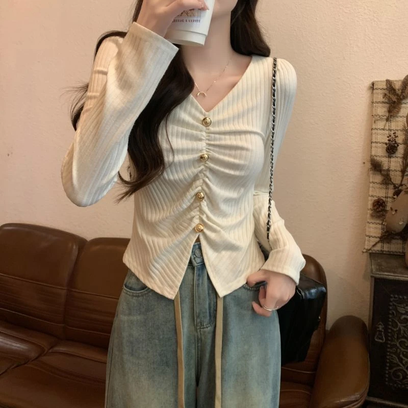 春秋纯欲风V领长袖T恤女洋气设计感小众修身短款打底上衣女