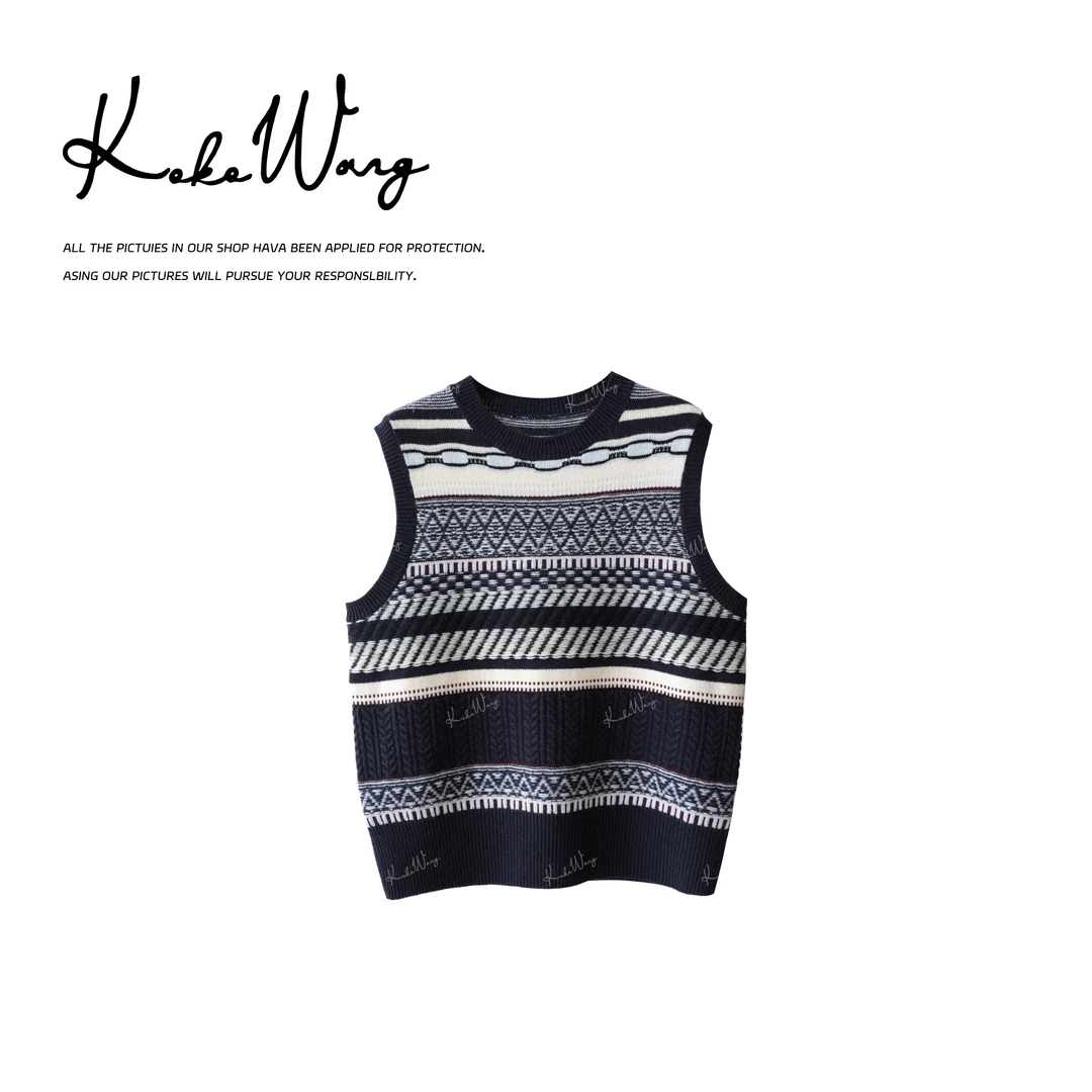 KOKO WANG【费尔岛】时尚洋气拼色100羊毛针织炸街马甲N7365I11W01