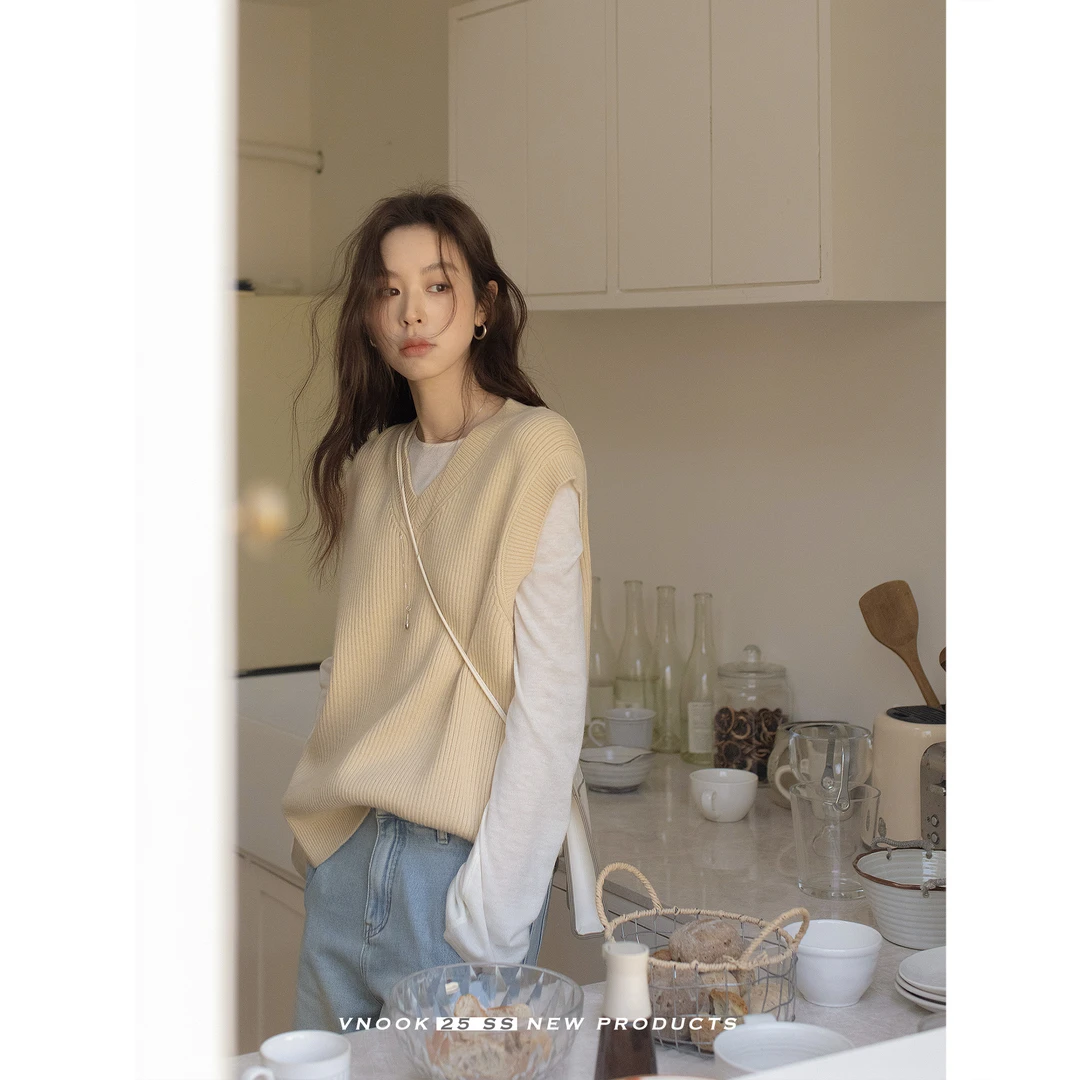 vnook  v领针织毛衣马甲背心女宽松慵懒2025新款外搭坎肩无袖上衣