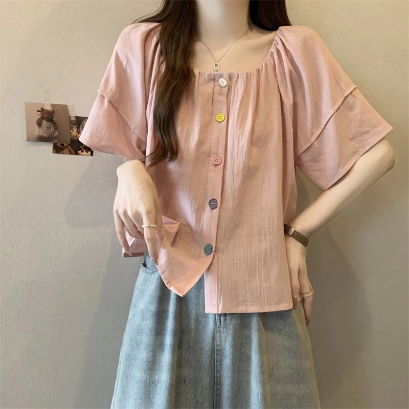 夏季韩系圆领泡泡袖糖果扣衬衫设计感甜美宽松遮肚子显瘦短袖上衣